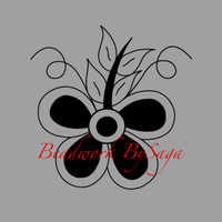 Beadwork By Saga logo in a square format. A Woodland floral design with four petals and a stem with four leaves pointing toward the sky. The steam is framed with two swirls. In red cursive text we see the brand, while the logo itself is against a light grey background. The brand has beaded studs, rings, bracelets, bolo ties, card holders, and earrings.