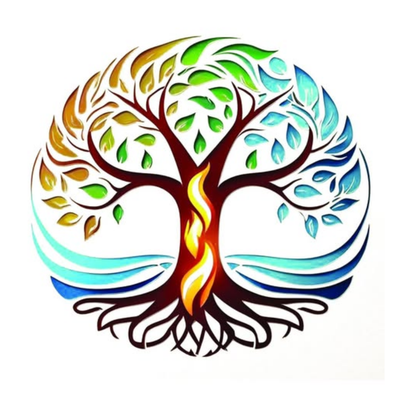 Sacred Earth Extracts logo in a square format. Their logo encapsulates the tree of life standing in front a body of water that emulates teal to deep blue wings.The leaves of the tree go from a yellow-brown to a green to a watery blue emulating the seasons changes. The trunk of the tree holds three fiery flames flickering above one another. The brand is defined as being rooted in nature, crafted with intention. Their collection includes aromatherapy, hair and scalp formulas, herbal remedies, organic essentia