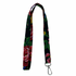 A black lanyard with a floral pattern, including shades of pink, red, and green, and a metal clip.