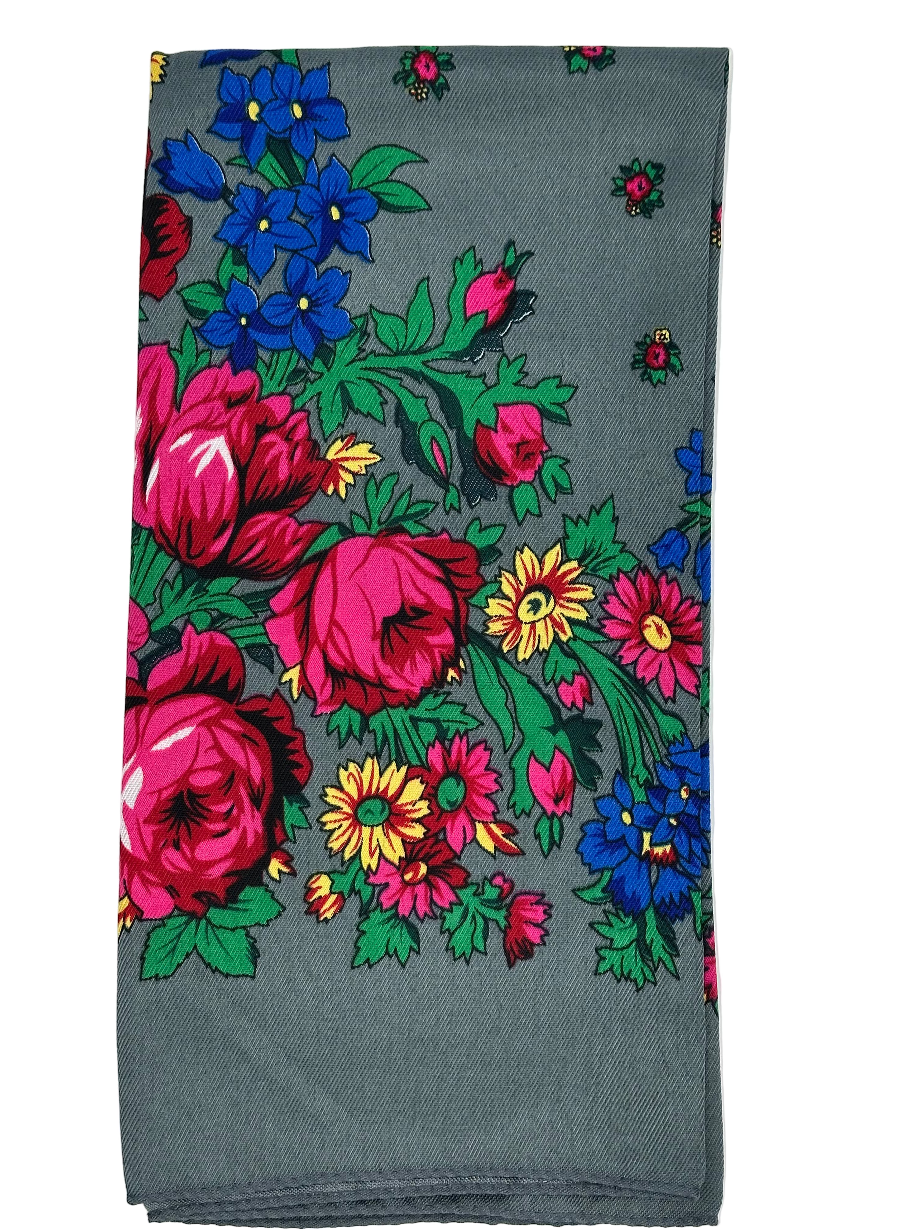 Kokom Floral patterned scarf with pink roses, blue, and yellow flowers on a gray fabric.