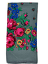 Kokom Floral patterned scarf with pink roses, blue, and yellow flowers on a gray fabric.