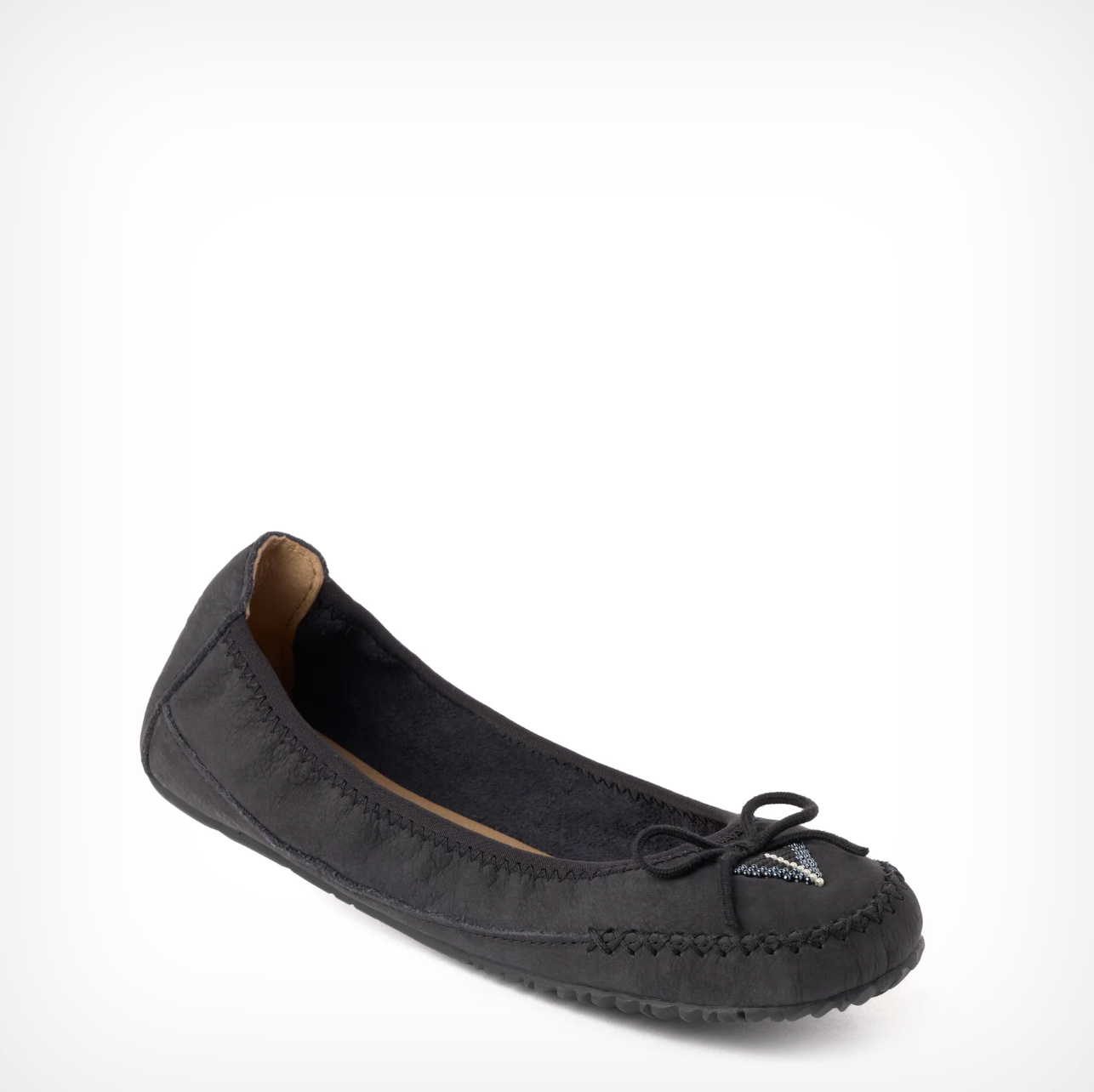 Black moccasin shoe flat with a bow on a white background