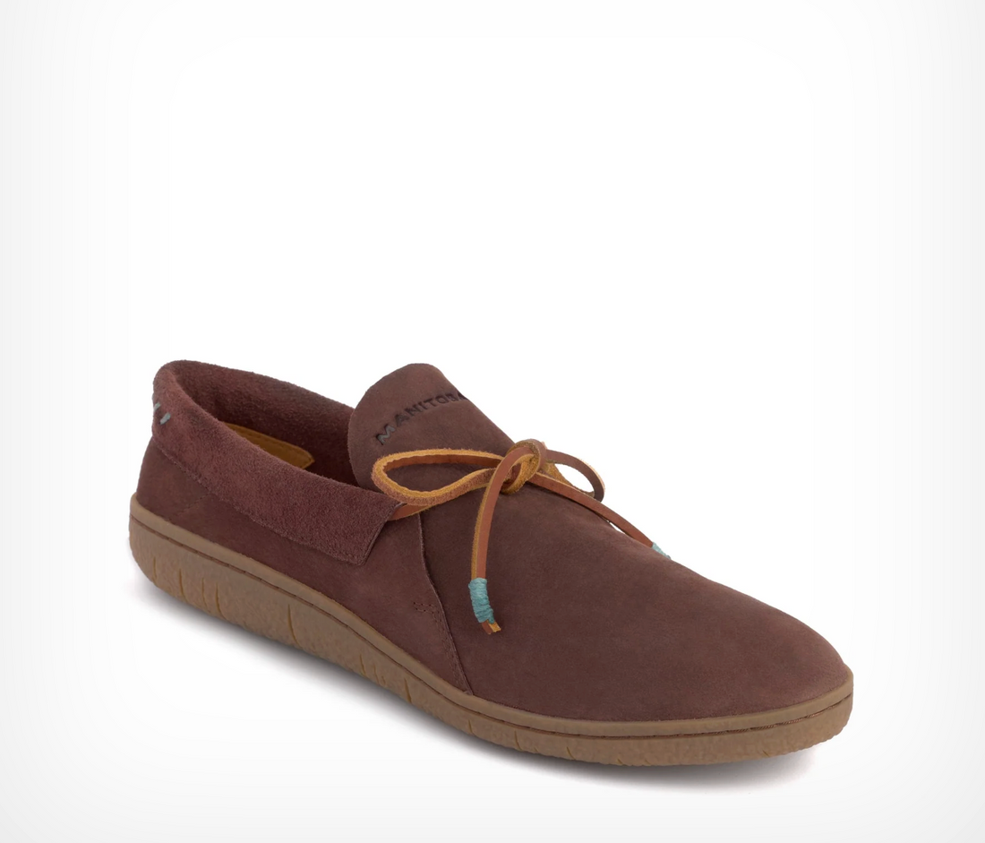 Brown suede modern mocassin shoe with a brown laces on a white background
