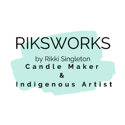 RIKSWORKS logo in a square format - by Rikki Singleton: Candle Maker & Indigenous Artist. The brand and text are in black font against a turquoise paint smudge against a white background 