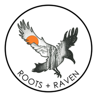 Roots + Raven logo in a square format. A cutout of a raven frames an illustrated stippled scenery of birch trees, mountains, and an orange sun. Below the ravenis the brand's name, while both are enclosed in a black border. The brand produces Indigenous made small batch, hand pressed bath bombs.