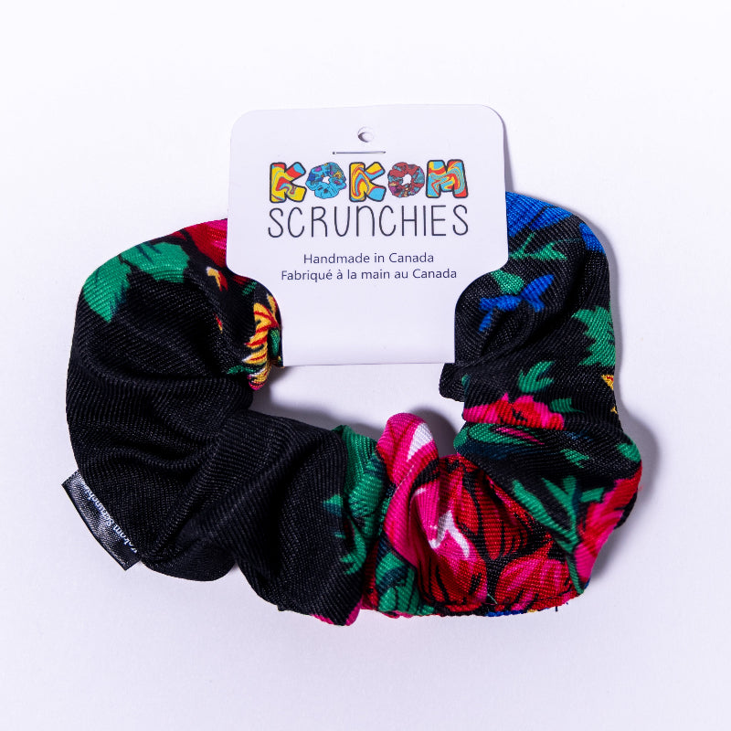 Set of floral and black scrunchies with a &
