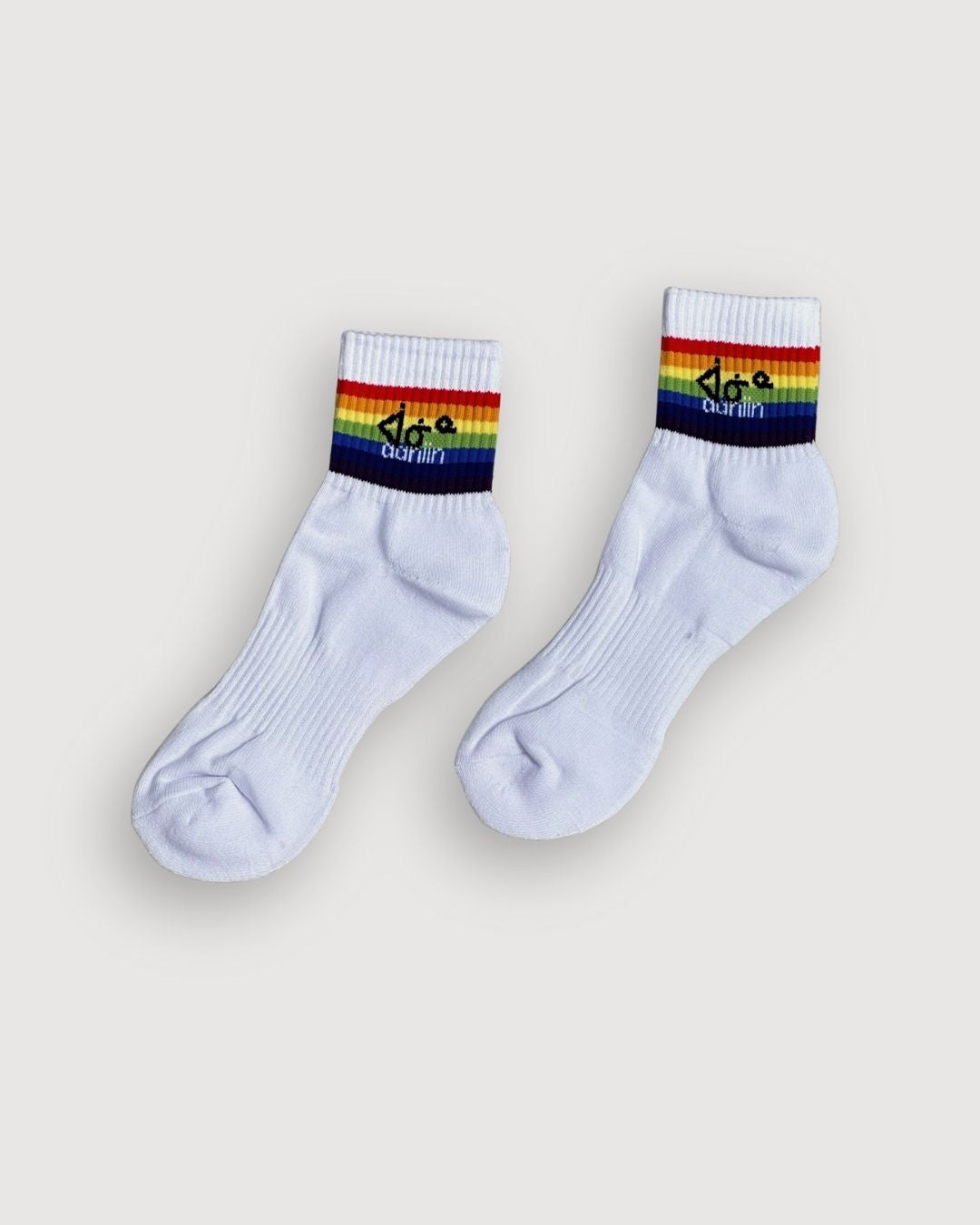 aaniin white ankle socks with our branding in black and white against the LGBTQIA flag rainbow colors.