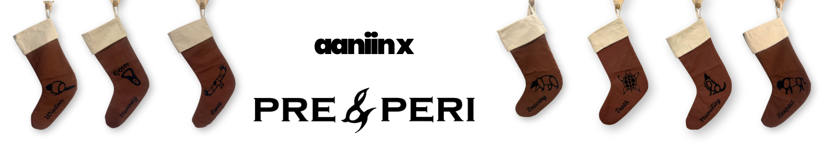 Row of the 7 Grandfather Teaching Christmas stockings with 'aaniin x' and 'PRE & PERI' branding