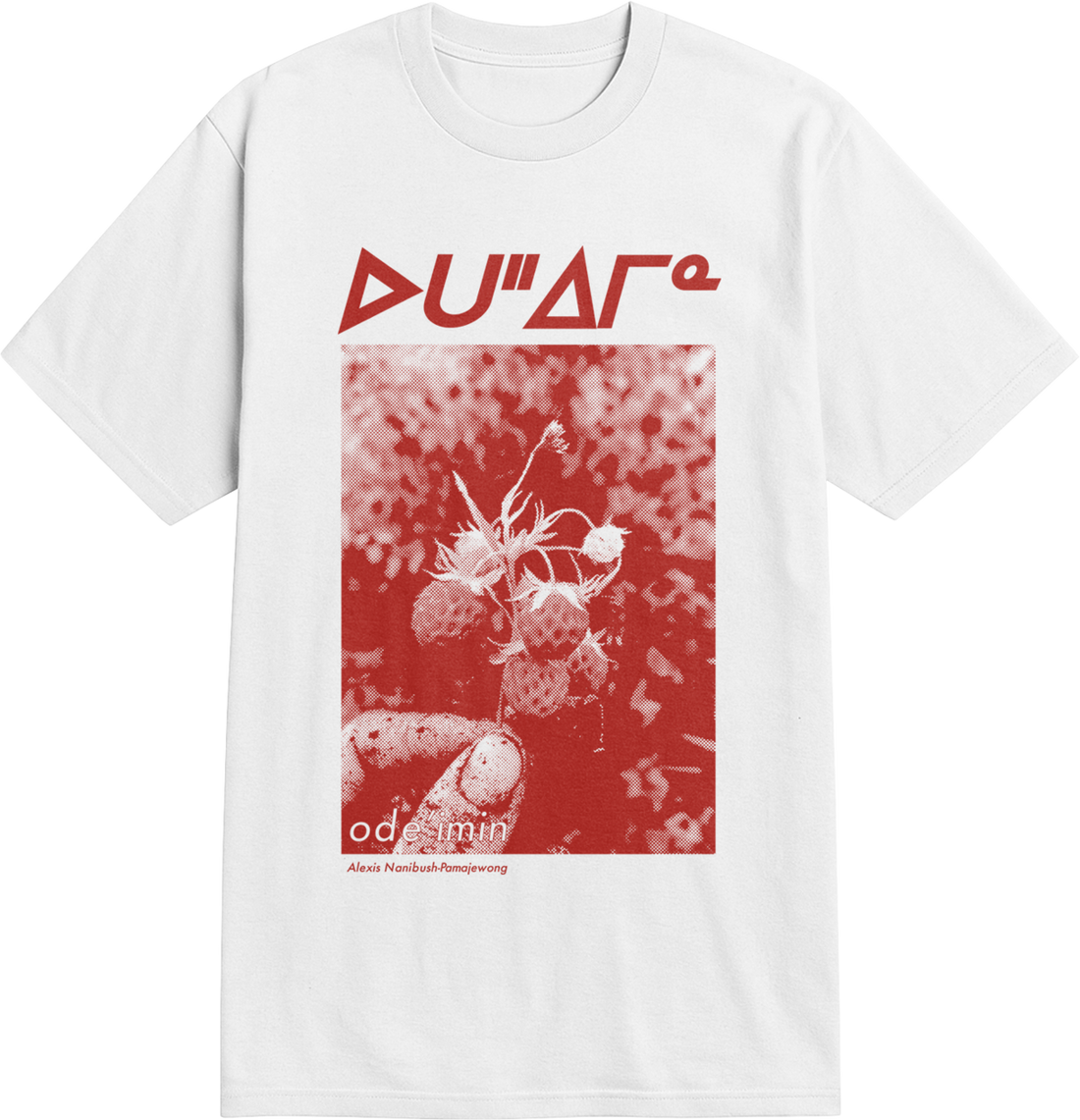 White t-shirt with red graphic design and red text syllabics on a white background