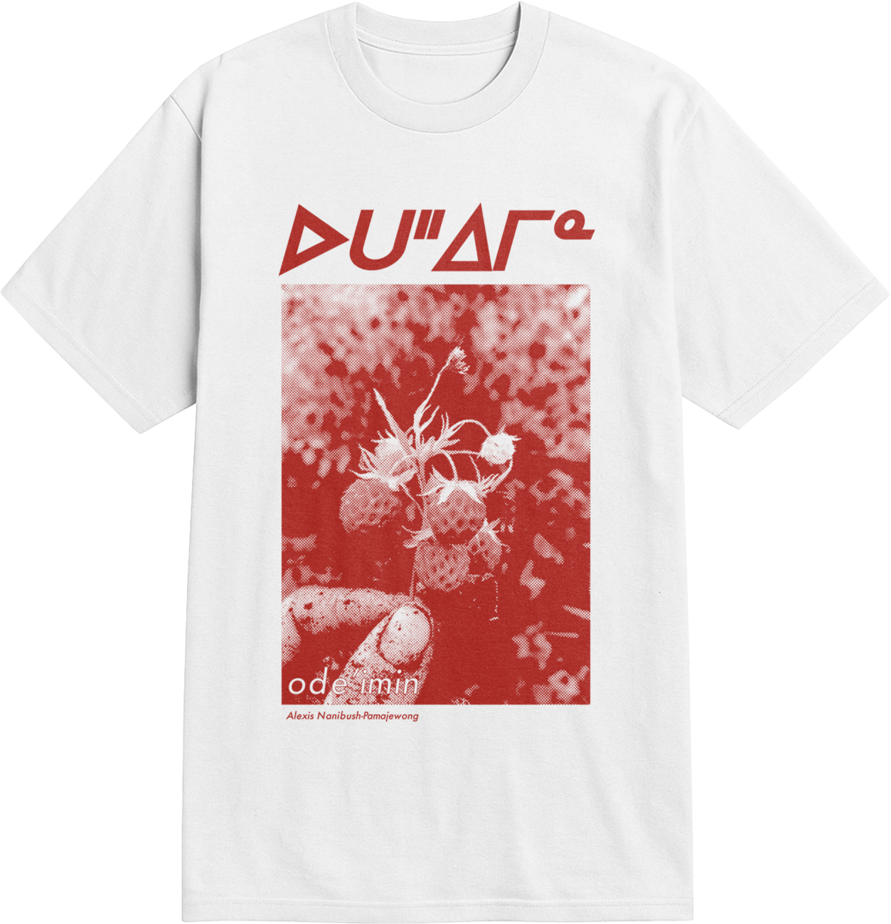 White t-shirt with red graphic design and red text syllabics on a white background