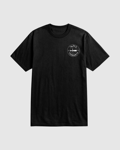 Black t-shirt with the tkaronto crest in white on the chest against a light gray background.